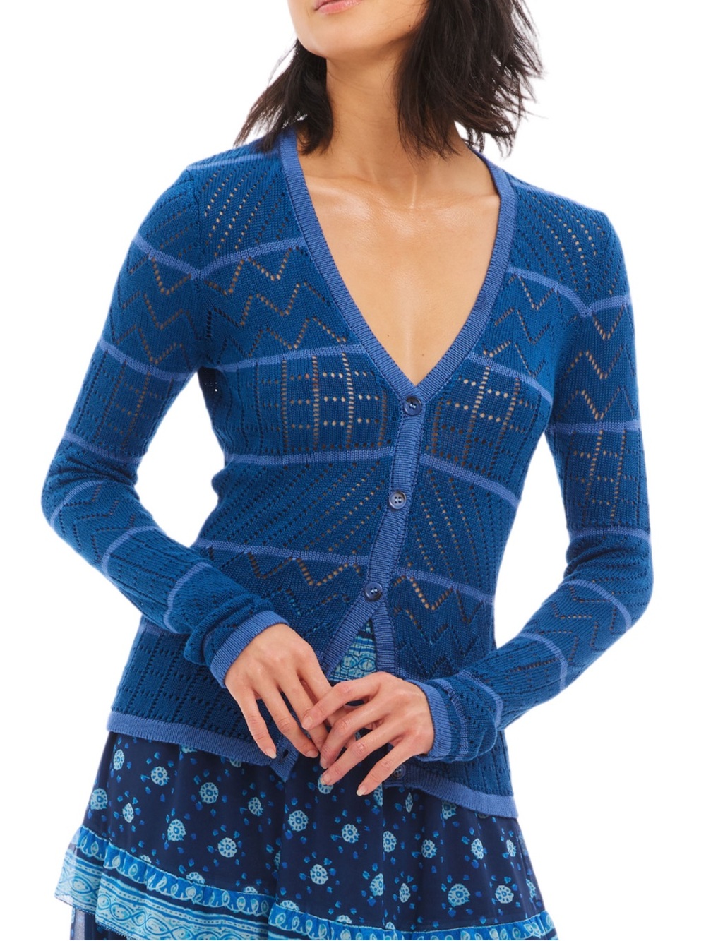 Allison Gloria Fitted Crochet Knit Long Sleeve V-Neck Cardigan Blue Stripe XS